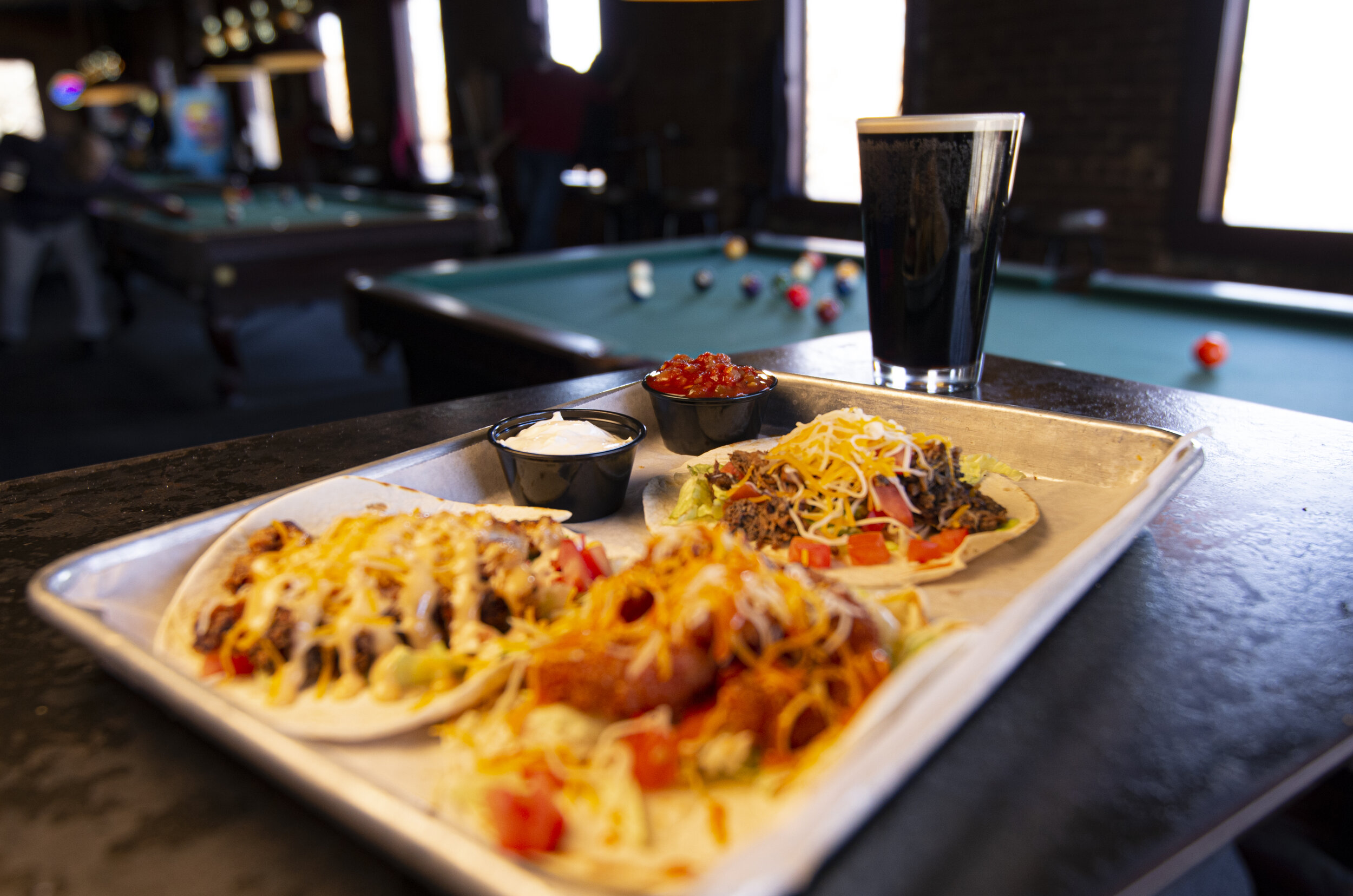 Three Tacos, brisket, shrimp, smoked chicken, and fried chicken available